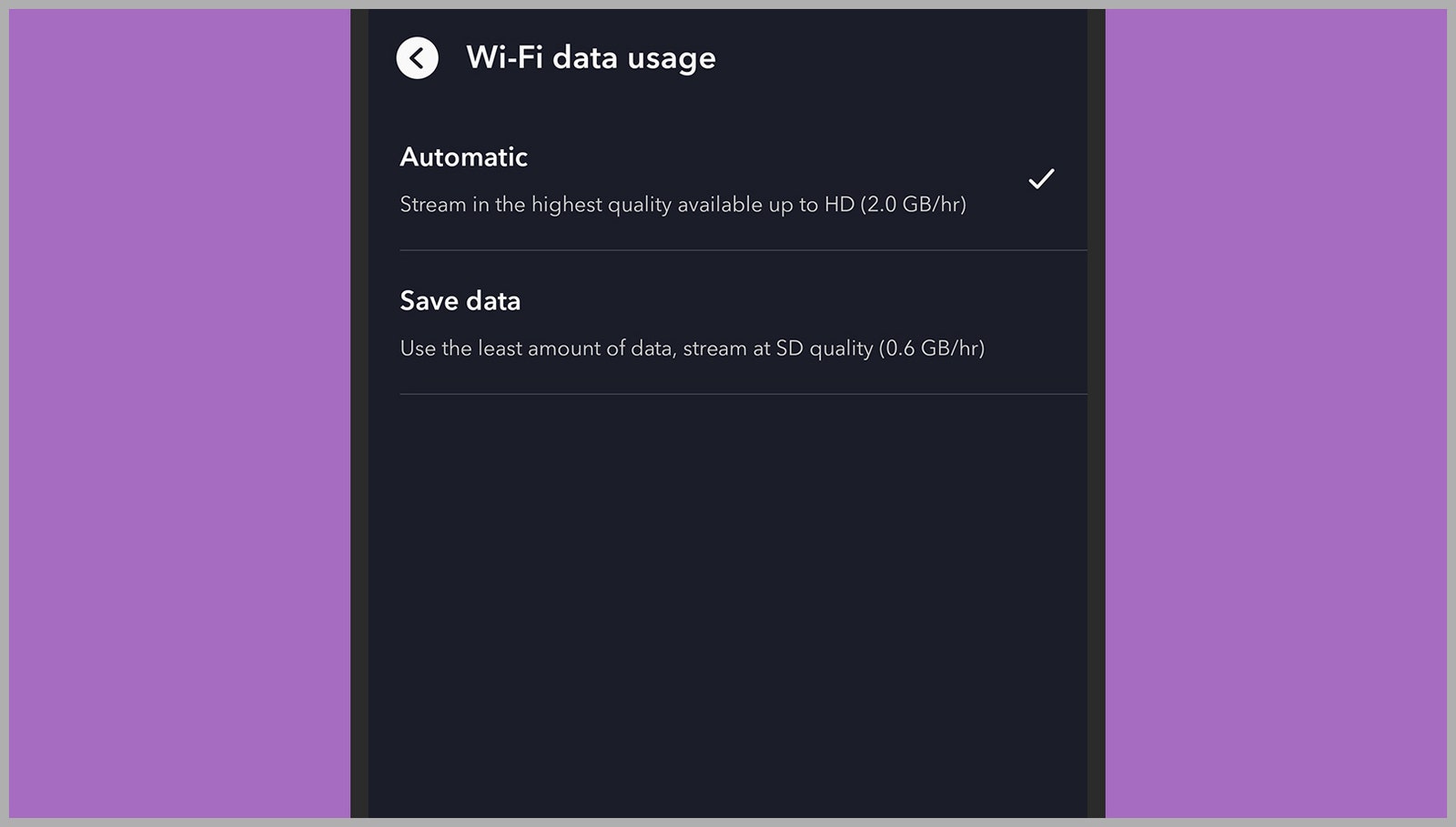 Screenshot of WiFi data usage settings on smartphone