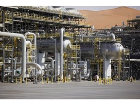 The Natural Gas Liquids (NGL) facility operates at Saudi Aramco's Shaybah oil field in the Rub' Al-Khali desert, also known as the 'Empty Quarter,' in Shaybah, Saudi Arabia, on Tuesday, Oct. 2, 2018. Saudi Arabia is seeking to transform its crude-dependent economy by developing new industries, and is pushing into petrochemicals as a way to earn more from its energy deposits.