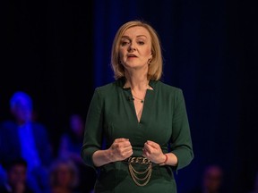 Liz Truss, UK foreign secretary, speaks during the Conservative Party leadership hustings in Eastbourne, UK, on Friday, Aug. 5, 2022. The job of picking the ruling Conservative Party leader and British prime minister falls to about 175,000 grassroots Tory party members.