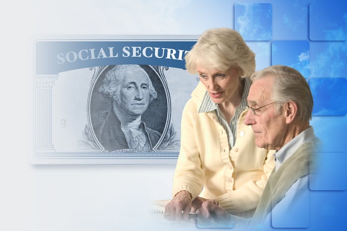 Two people next to a picture of a dollar bill and a Social Security card.